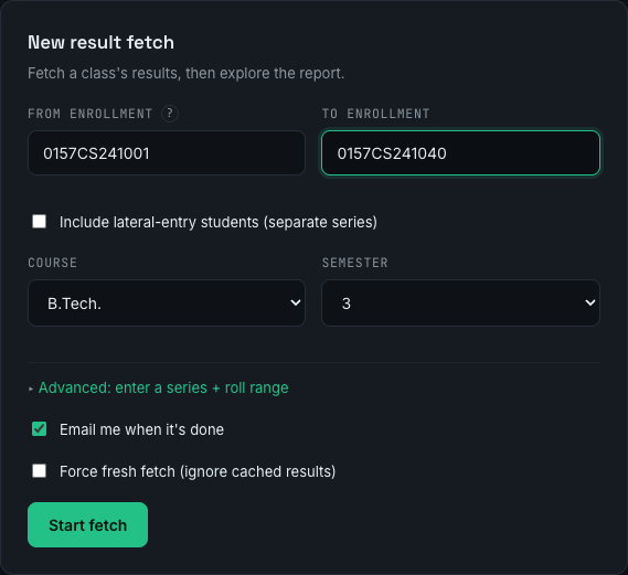 The New result fetch form with From and To enrollment, course and semester filled in