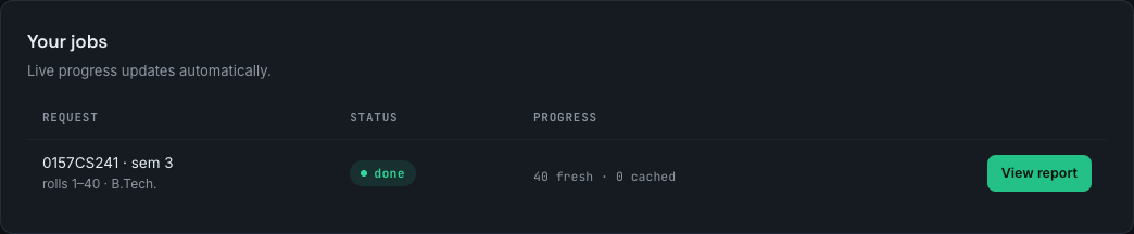 The Your jobs list showing a completed fetch with a View report button